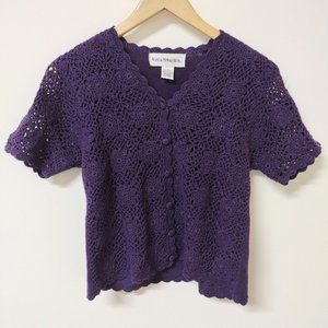 Vintage 90s Purple Crochet Grandma Sweater L Floral Cropped S/S Cardigan